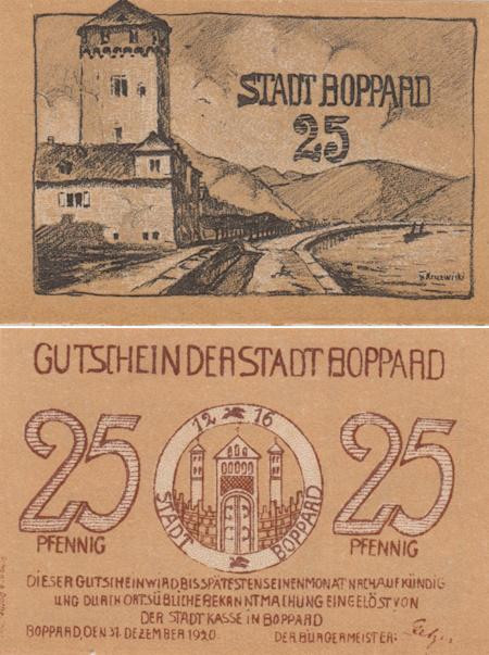  Бона. Германия. Боппард 25 пфеннигов 1920 год. Нотгельд. (XF) 