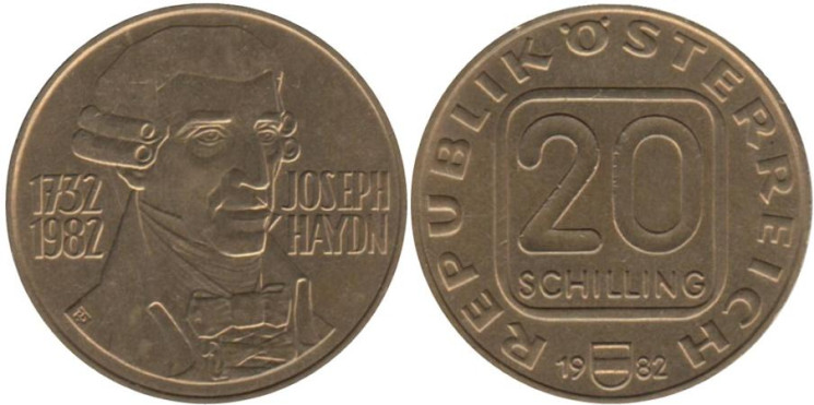  Австрия. 20 шиллингов 1982 год. 250 лет со дня рождения Йозефа Гайдна. 