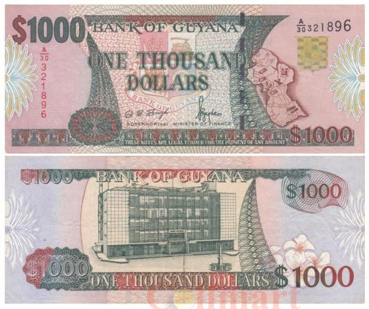  Бона. Гайана 1000 долларов 1999 год. Карта Гайаны. (XF) 