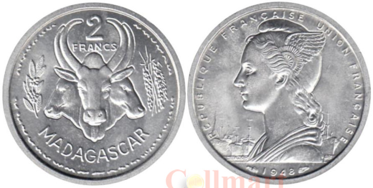  Мадагаскар. 2 франка 1948 год. Буйволы. 