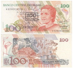 Бона. Бразилия 100 крузейро на 100 новых крузадо 1990 год. Сесилия Мейрелеш. (XF)