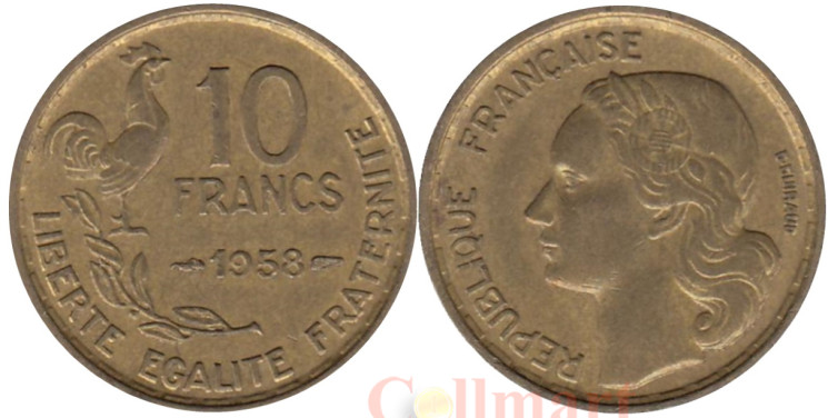  Франция. 10 франков 1958 год. Тип Жиро. Галльский петух. 