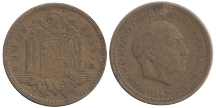  Испания. 1 песета 1947 год. Франсиско Франко. (53 внутри звезды) 