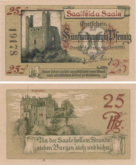  Бона. Германия. Зальфельд 25 пфеннигов 1921 год. Нотгельд. (XF) 