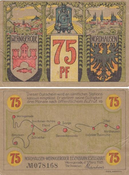  Бона. Германия. Железнодорожная компания Нордхаузен-Вернигероде 75 пфеннигов 1921 год. Нотгельд. (VF) 