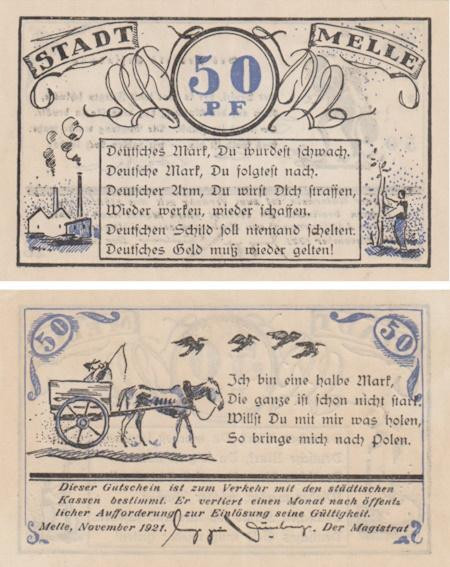  Бона. Германия. Мелле 50 пфеннигов 1921 год (вариант 2). Нотгельд. (XF) 