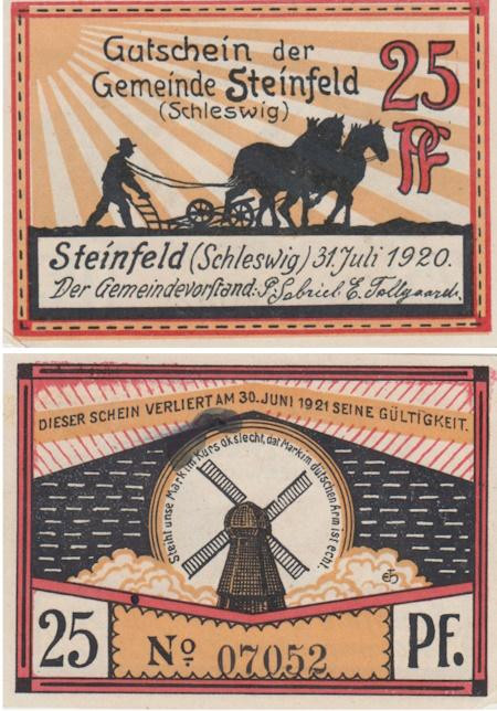  Бона. Германия. Штайнфельд (Шлезвиг) 25 пфеннигов 1920 год (вариант 4). Нотгельд. (VF) 