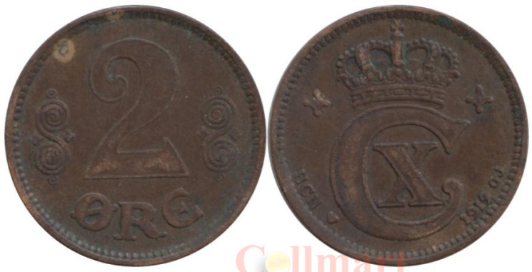  Дания. 2 эре 1919 год. Король Кристиан X. (бронза) 