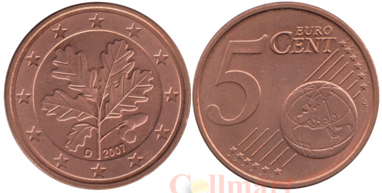  Германия. 5 евроцентов 2007 год. Дубовые листья. (D) 