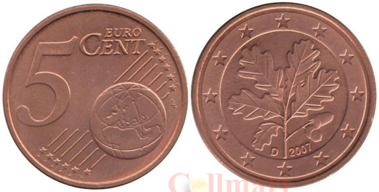  Германия. 5 евроцентов 2007 год. Дубовые листья. (D) 
