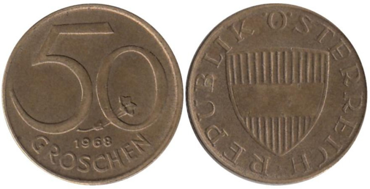  Австрия. 50 грошей 1968 год. 