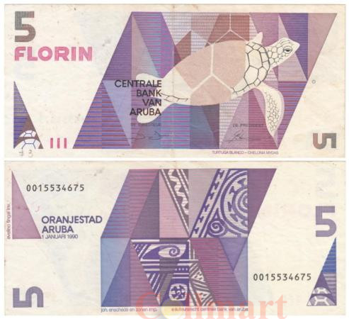  Бона. Аруба 5 флоринов 1990 год. Белая черепаха. (VF) 