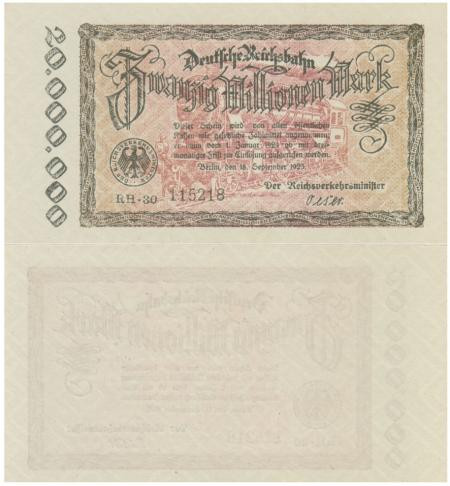  Бона. Германская железная дорога 20.000.000 марок 1923 год. Паровоз. (AU) 