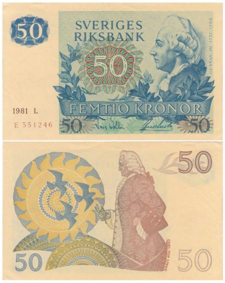  Бона. Швеция 50 крон 1981 год. Карл фон Линней. (XF) 