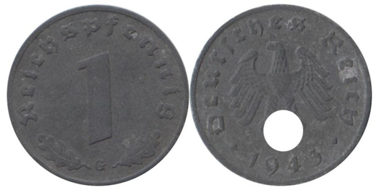  Германия - Третий рейх. 1 рейхспфенниг 1943 год. (G) 
