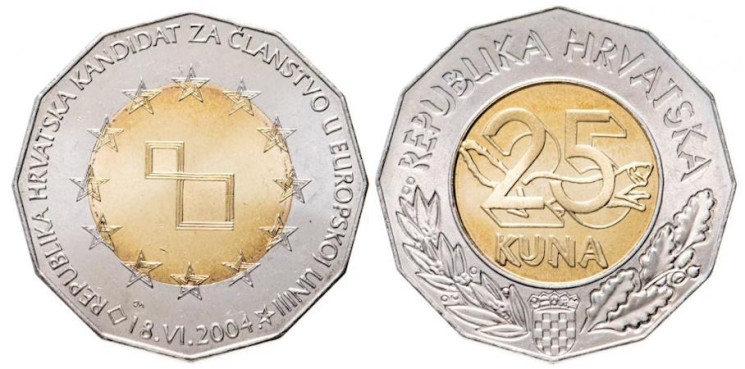  Хорватия. 25 кун 2004 год. Хорватия - кандидат членства в Европейском Союзе. 