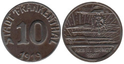 Германия. Франкенталь. 10 пфеннигов 1919 год. Облака, зубчатое колесо, восходящее солнце​. Нотгельд.​​