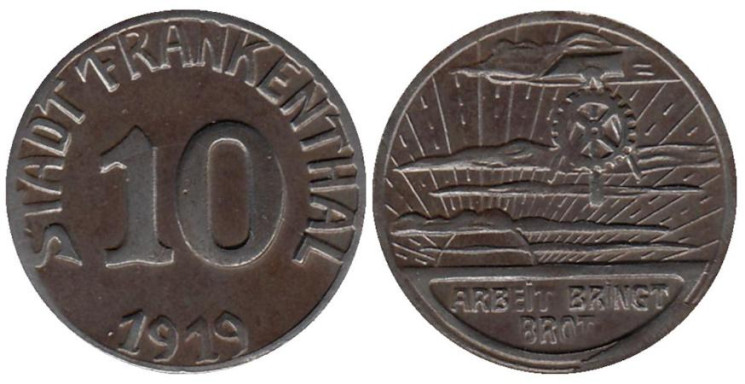  Германия. Франкенталь. 10 пфеннигов 1919 год. Облака, зубчатое колесо, восходящее солнце​. Нотгельд.​​ 