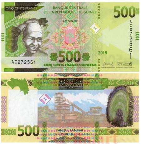  Бона. Гвинея 500 франков 2018 год. Рудник. (Пресс) 