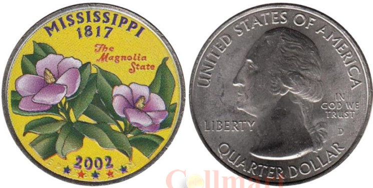  США. 25 центов 2002 год. Квотер штата Миссисипи. цветное покрытие (D). 