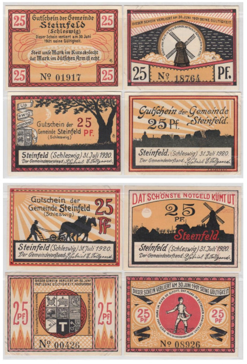  Набор банкнот. Германия. Штайнфельд (Шлезвиг)​ 25 пфеннигов 1920 год. Нотгельды, 4 штуки. (XF) 