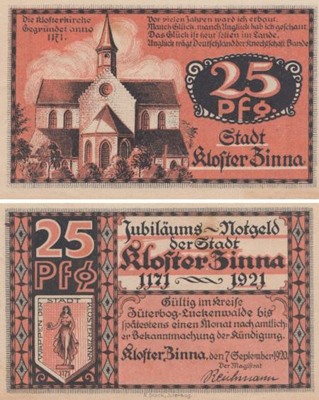  Бона. Германия. Монастырь Цинна 25 пфеннигов 1920 год. Нотгельд. (XF) 