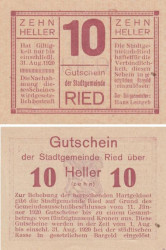 Бона. Австрия. Рид-им-Иннкрайс 10 геллеров 1920 год. Нотгельд. (XF)