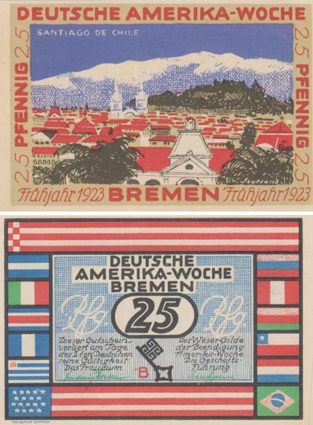  Бона. Германия. Бремен 25 пфеннигов 1923 год. Неделя Немецкой Америки в Бремене - Сантьяго (серия B). Нотгельд. (XF) 