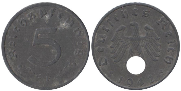  Германия - Третий рейх. 5 рейхспфеннигов 1942 год. (F) 
