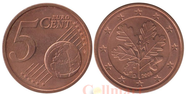  Германия. 5 евроцентов 2008 год. Дубовые листья. (D) 