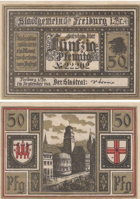  Бона. Германия. Фрайбург-им-Брайсгау 50 пфеннигов 1921 год. Нотгельд. (VF) 