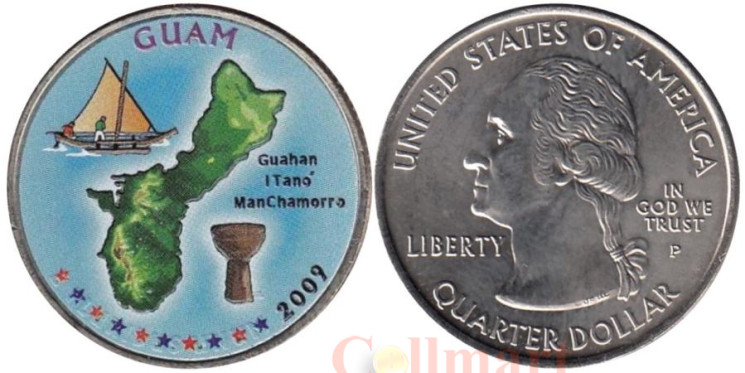  США. 25 центов 2009 год. Квотер Гуам. цветное покрытие (P). 