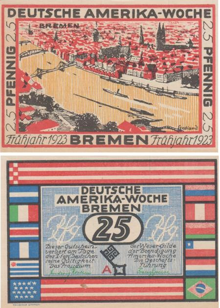  Бона. Германия. Бремен 25 пфеннигов 1923 год. Неделя Немецкой Америки в Бремене - Бремен (серия A). Нотгельд. (XF) 