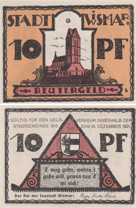  Бона. Германия. Висмар 10 пфеннигов 1921 год. Нотгельд. (XF) 