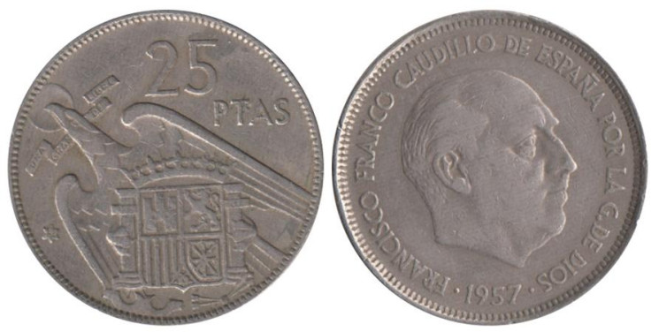  Испания. 25 песет 1957 год. Франсиско Франко. (64 внутри звезды) 