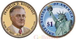 США. 1 доллар 2014 год. 32-й президент Франклин Рузвельт (1933–1945). цветное покрытие.