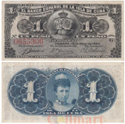 Бона. Куба 1 песо 1896 год. Королева-регент Мария Кристина. (XF-)