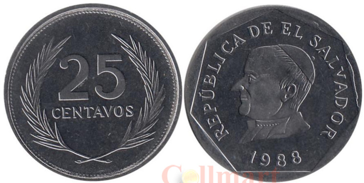  Сальвадор. 25 сентаво 1988 год. Хосе Матиас Дельгадо. 