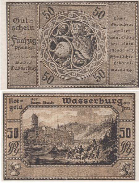  Бона. Германия. Вассербург-ам-Инн 50 пфеннигов 1920 год. Нотгельд. (XF) 