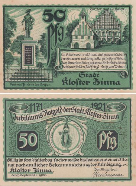  Бона. Германия. Монастырь Цинна 50 пфеннигов 1920 год. Нотгельд. (XF) 