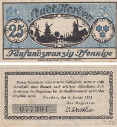 Бона. Германия. Норден 25 пфеннигов 1921 год. Нотгельд. (XF)