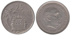 Испания. 25 песет 1957 год. Франсиско Франко. (69 внутри звезды)