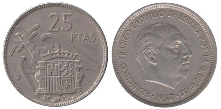  Испания. 25 песет 1957 год. Франсиско Франко. (69 внутри звезды) 