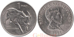 Филиппины. 1 песо 1991 год. Филиппинский буйвол.