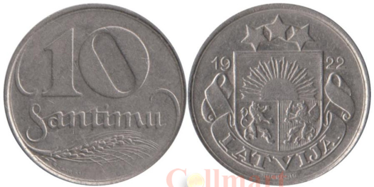  Латвия. 10 сантимов 1922 год. 