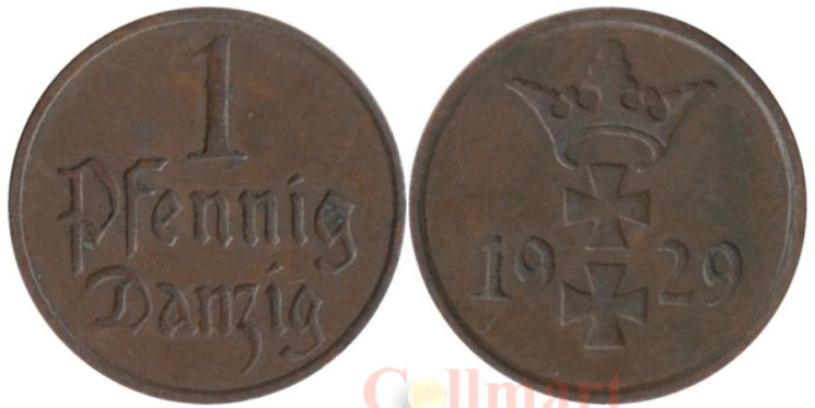  Данциг. 1 пфенниг 1929 год. Два креста увенчанных короной. 
