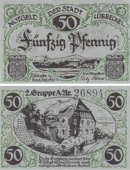  Бона. Германия. Люббекке 50 пфеннигов 1920 год. Дом бургомистра. Нотгельд. (XF) 