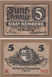 Бона. Германия. Кемберг 5 пфеннигов 1918 год. Нотгельд. (XF)