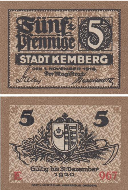  Бона. Германия. Кемберг 5 пфеннигов 1918 год. Нотгельд. (XF) 