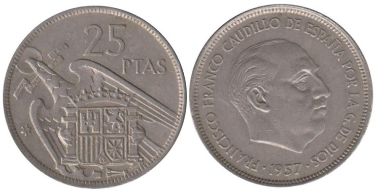  Испания. 25 песет 1957 год. Франсиско Франко. (72 внутри звезды) 